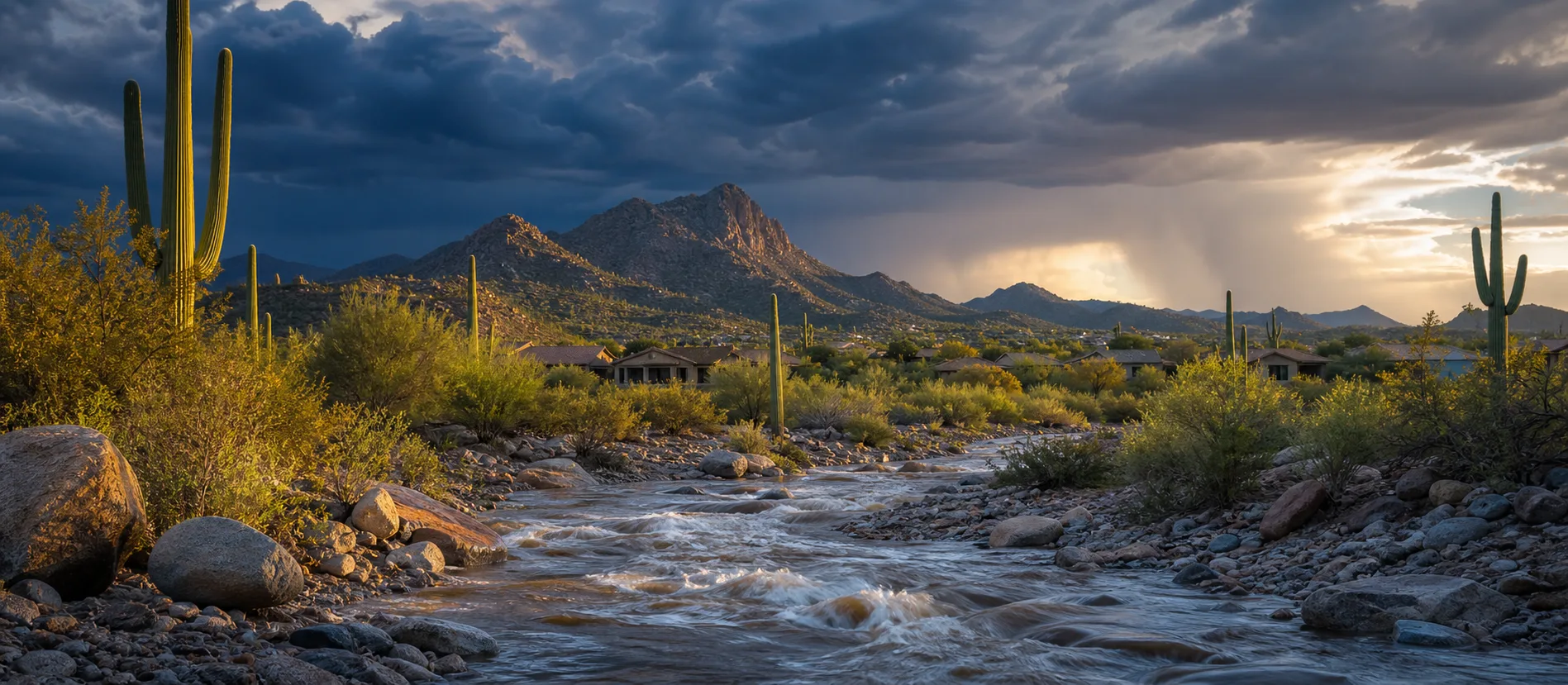 A flowing Sonoran Desert wash beneath Arizona monsoon clouds.