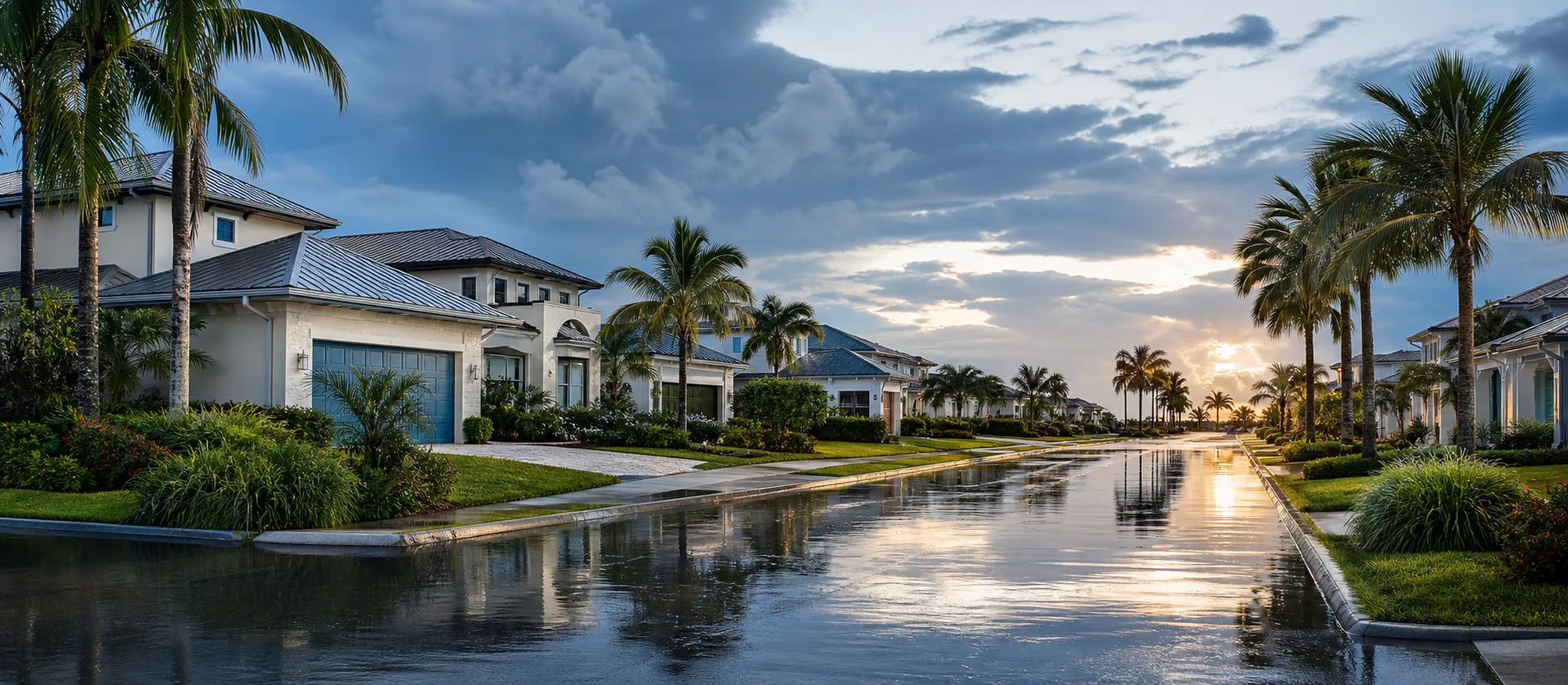 A Florida coastal neighborhood after heavy rain with water reflecting along the street.